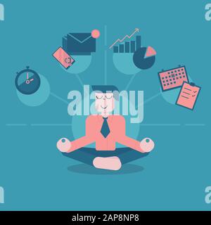 Businessman meditating, concept of time management, stress relief and problem solving. Man thinking about business in lotus pose. Vector illustration Stock Vector