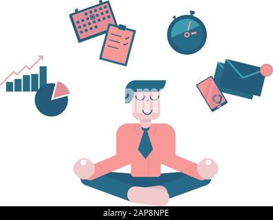 Businessman meditating, concept of time management, stress relief and problem solving. Man thinking about business in lotus pose. Vector illustration Stock Vector