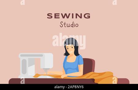 Sewing studio flat banner vector template. Bespoke tailoring service, dressmaking business, atelier advertising poster concept. Seamstress working with sewing machine illustration with typography Stock Vector