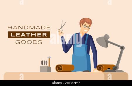 Handmade leather goods banner vector template. Professional craftsmanship service, skinner workshop advertising poster design. Tanner working with scissors illustration with typography Stock Vector