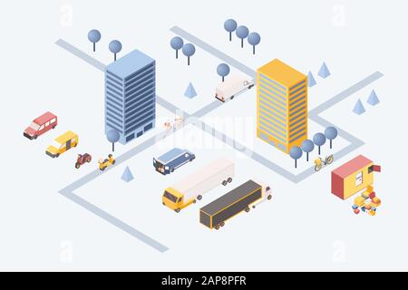 City goods delivery isometric illustration. 3d residential area with cargo vehicles, vans and scooters transporting boxes. Logistic company warehouse with boxes stack and trucks outdoors Stock Vector