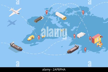 Worldwide goods shipment isometric illustration. Global delivery service with international trade routes and various transportation means. Logistic company transatlantic freight shipping Stock Vector