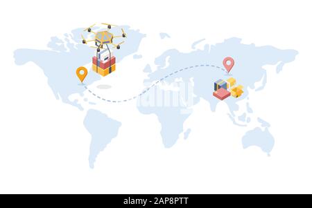 International drone delivery isometric illustration. Cartoon map with shipment route, geotags for futuristic aerial vehicle. Post office service, logistic company, worldwide shipping Stock Vector