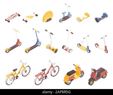 Modern city transport isometric illustrations set. Contemporary vehicles, urban traffic design elements pack. Bicycles, scooters, self balancing boards, monowheel, skateboards and gyroscooters Stock Vector