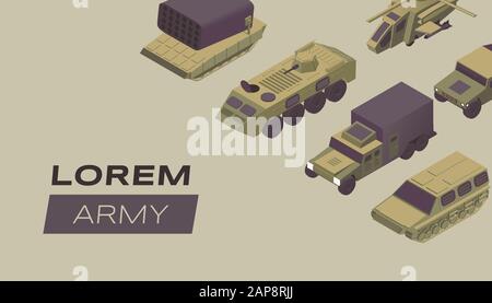 Modern army flat banner vector template. Military service poster concept with armored combat vehicles. Special forces transportation, heavy machinery isometric illustration with typography Stock Vector