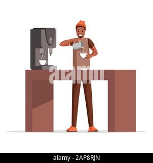 Guy making coffee flat vector illustration. Smiling cafe worker, professional barista adding milk to espresso cartoon character. Young african american man preparing hot breakfast beverage Stock Vector