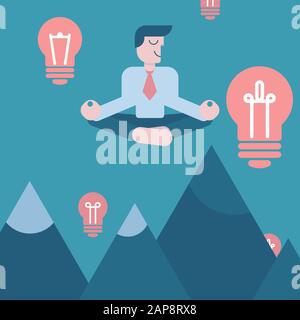 Meditating businessman with idea, vector illustration. Cartoon character man on background of sky above mountains. Mindful, calm, smiling visionary, b Stock Vector