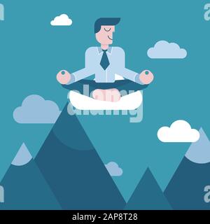 Businessman in the sky over the mountains meditating in peace for any spiritual and inner peace business concepts. Vector illustration in flat style. Stock Vector