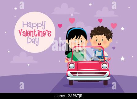 cute little kids couple in cart valentines day card Stock Vector