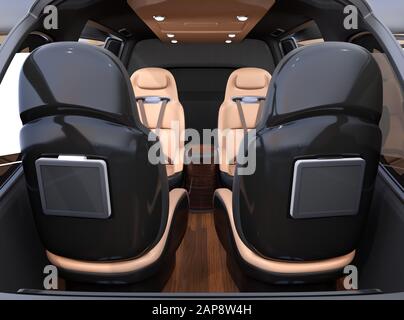 Passenger Drone Interior with front passenger seats turned backward.  Headsets on each seats. 3D rendering image Stock Photo - Alamy