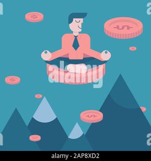 Businessman in the sky above mountains meditating sitting on coin in peace with a lot of coins as clouds around. Finance growth business concept, vect Stock Vector