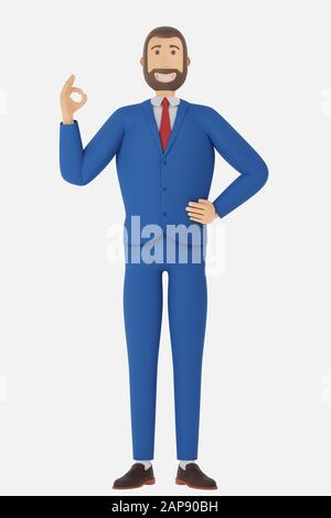 Cartoon character, businessman in suit shows okay or OK gesture. Concept with okay or OK gesture. 3d rendering Stock Photo