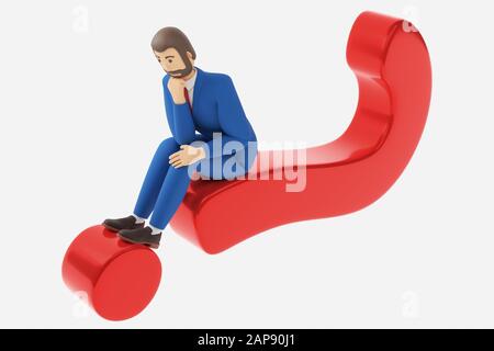 Cartoon character businessman sits on a question mark in thought. The concept of unresolved issues in business. 3d rendering Stock Photo