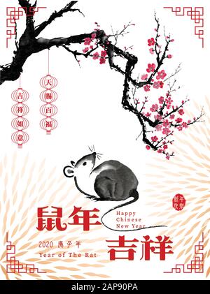 Chinese New Year, The Year of The Rat. Translation: Year of The Rat brings prosperity happiness Stock Vector
