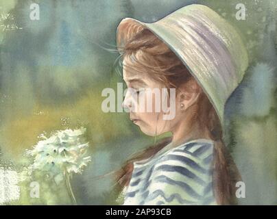 Girl portrait with a hat and fuzz in the summer. Watercolor illustration Stock Photo