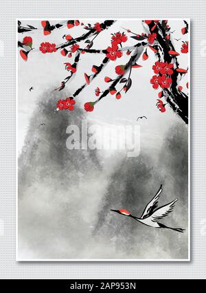 Chinese / Japanese / Korean style black ink painting (sumi-e style) Stock Photo