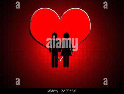 Man and woman holding hands in front of a giant red heart. Red and black background. Love, romance, Valentine's Day concept. Stock Photo