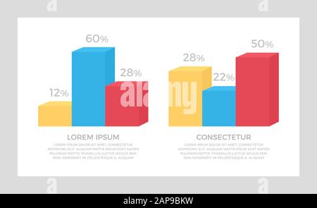 Set of yellow and blue, red elements for infographic presentation slides with charts, graphs, steps, arrows, number options. Stock Vector