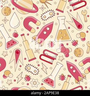 Back to school pattern. Science flat seamless pattern with scientific elements - molecule, atom structure, rocket, books, water and other on one Stock Vector