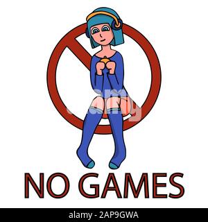 prohibition sign for video games with a girl gamer with blue hair and a gamepad. white background isolated stock vector illustration Stock Vector