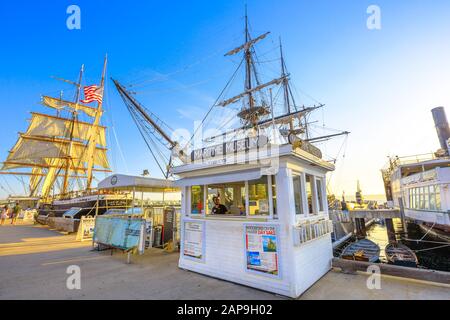 San Diego, California, USA - July 31, 2018: box office of historic Maritime Museum of San Diego in Navy Pier at sunset. Stock Photo