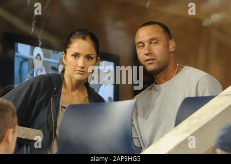 FLUSHING NY- SEPTEMBER 4: Derek Jeter and his girlfriend Minka Kelly are  sighted during the Djokopvic Vs Blake match on Arthur Ashe stadium the USTA  Billie Jean King National Tennis Center on