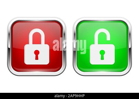Locked and unlocked buttons. Glass 3d icons with chrome frame Stock Vector