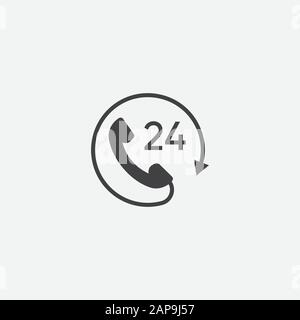 Call 24 icon vector illustration, 24 hour call service, Twenty four hour service flat design, 24h Support Simple Design, All day customer support call center icon, Telephone support 24 hours symbol Stock Vector