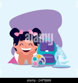 School girl kid with bag design, Eduaction class lesson knowledge preschooler study learning classroom and primary theme Vector illustration Stock Vector