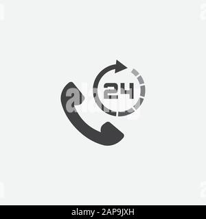 Call 24 icon vector illustration, 24 hour call service, Twenty four hour service flat design, 24h Support Simple Design, All day customer support call center icon, Telephone support 24 hours symbol Stock Vector