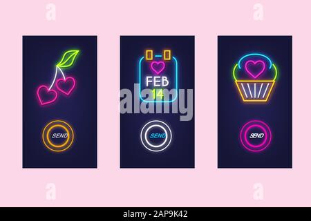 Love mobile app set with neon glow icons. Virtual love. UI design. Vector. Stock Vector