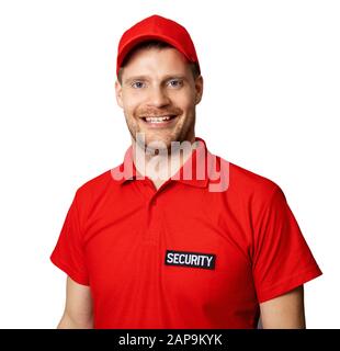 smiling security service worker in red uniform isolated on white background Stock Photo