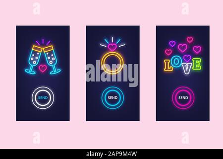 Love mobile app set with neon glow icons. Virtual love. UI design. Vector. Stock Vector