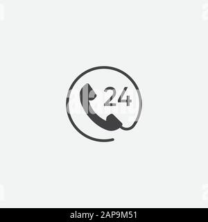 Call 24 icon vector illustration, 24 hour call service, Twenty four hour service flat design, 24h Support Simple Design, All day customer support call center icon, Telephone support 24 hours symbol Stock Vector