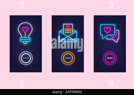 Love mobile app set with neon glow icons. Virtual love. UI design. Vector. Stock Vector
