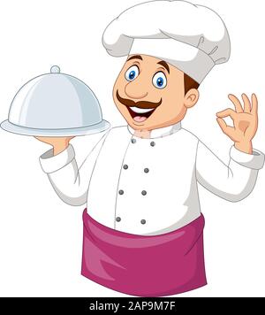 Cartoon funny chef holding a silver platter and ok sign Stock Vector