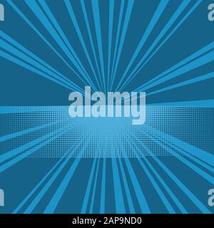 Comic book pop art retro background with halftone dots and radial rays. Vector illustration of blue background. Stock Vector