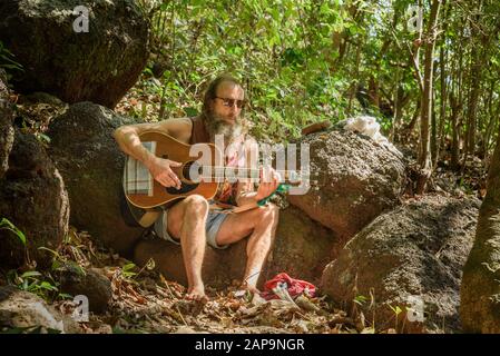 People under big banyan tree in Arambol. Goa Stock Photo