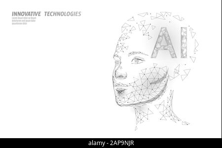 AI artificial intelligence robot support 3D. Virtual assistant voice recognition service technology. Chatbot beautiful female face low poly vector Stock Vector