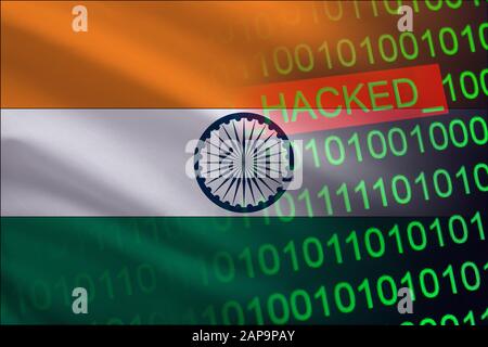India hacked state security. Cyberattack on the financial and banking structure. Theft of secret information. On a background of a flag the binary code. Stock Photo