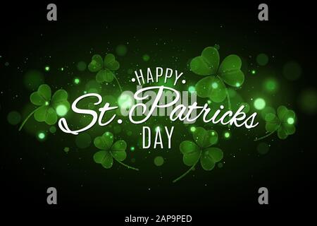 Saint Patrick's day cover. Green glowing clovers with glares bokeh. Festive lettering for your design. Abstract glitter. Vector illustration. EPS 10 Stock Vector