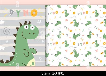 Cute dinosaur illustration suitable for book cover and seamless pattern in the smooth backdrop Stock Vector
