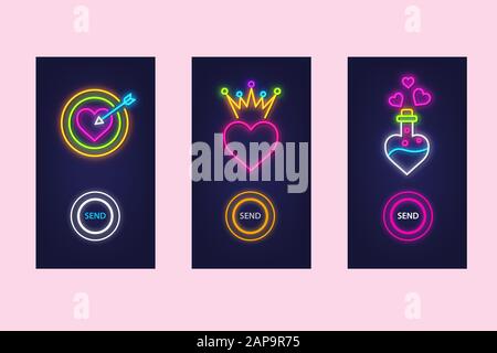 Love mobile app set with neon glow icons. Virtual love. UI design. Vector. Stock Vector