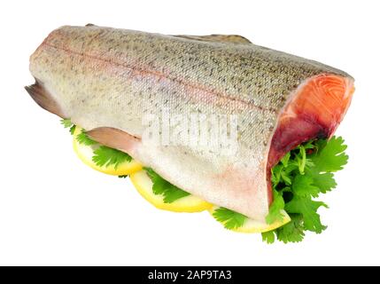 Fresh raw rainbow trout fish with head and tail removed ready for cooking isolated on a white background Stock Photo