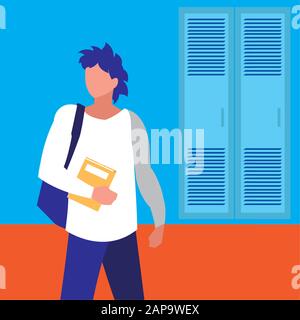 Boy student in front of school lockers design, Eduaction class lesson knowledge preschooler study learning and primary theme Vector illustration Stock Vector