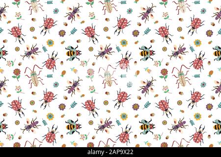 Seamless pattern colorful insect and plant with garden concept.creative pattern texture for fabric, wrapping, textile, wallpaper, apparel. Stock Vector