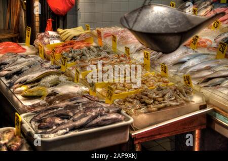 Assortment of fresh seafood in a street of Chinatown. Fish market. Selective focus. Manhattan, New York City, USA. Stock Photo