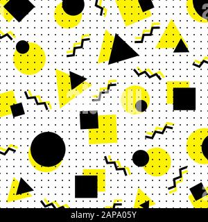 Abstract yellow and black geometric circle, square, triangle pattern on white background memphis style. Vector illustration Stock Vector
