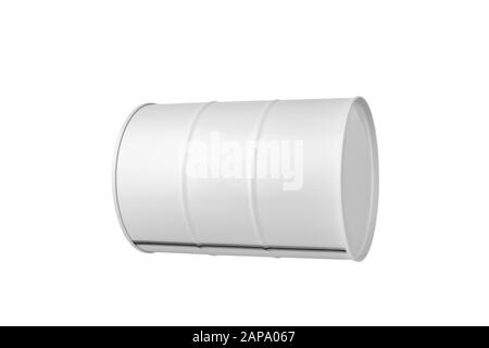 Metal barrel lies on its side on white background isolated close up, oil drum, steel keg, blank closed tin can, aluminium cask, petroleum storage Stock Photo