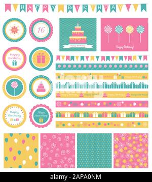 Set of birthday design elements. Stock Vector